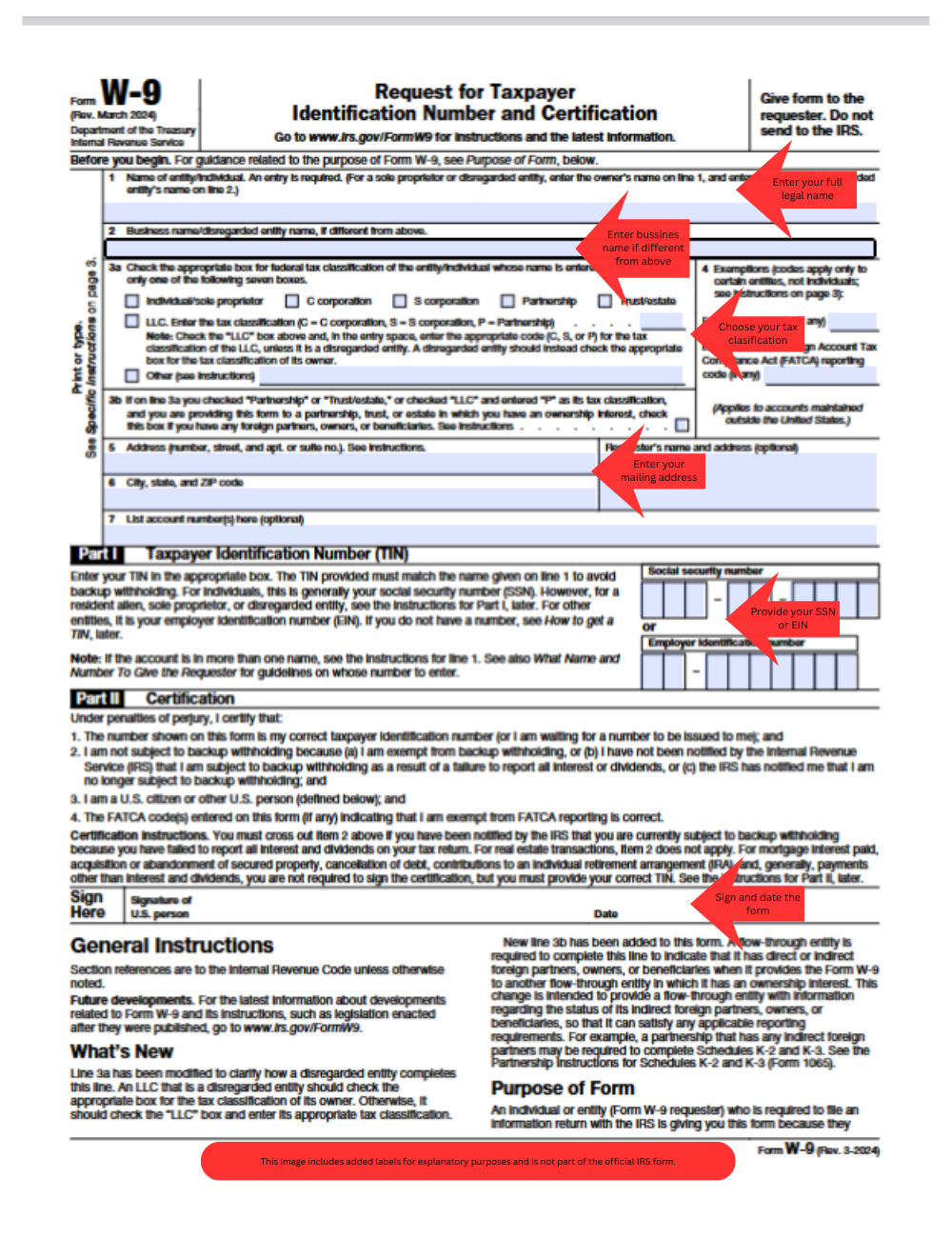 W-9 example filled form with explanation of each field