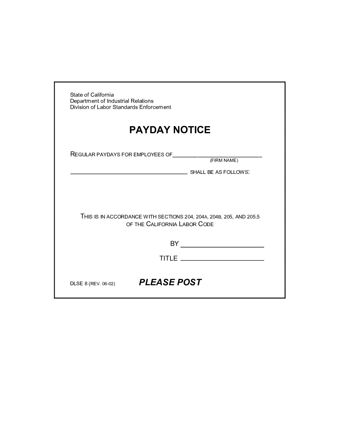 California Payday Notice Poster DLSE